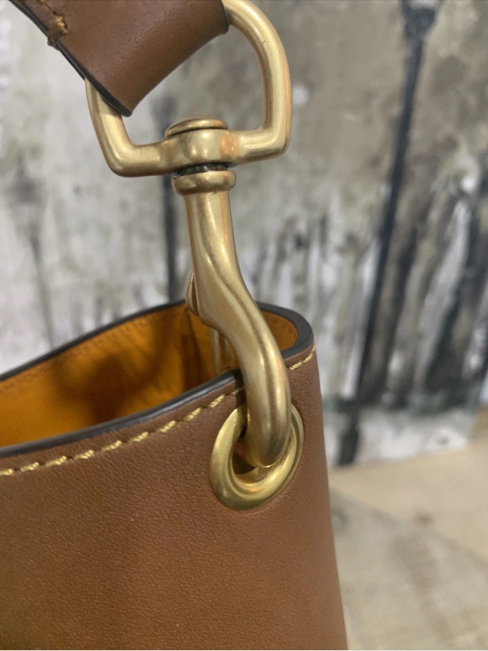 Leather Bucket Shoulder Bag in Brown with Gold Accent - Picture 13 of 16